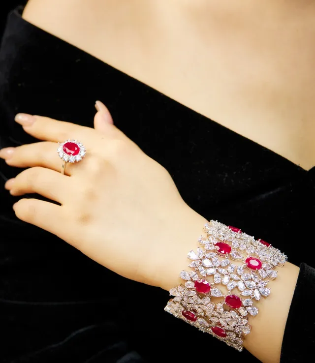 Red Silver Floral Motif Multi-Row Cascade Bracelet 5
