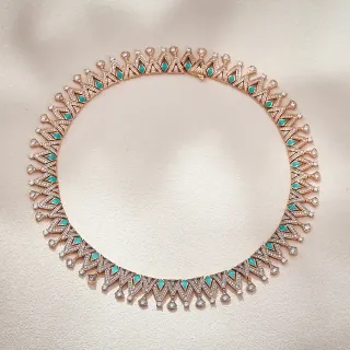 Gargantille Géométrique Or Rose Turquoise Gemmes Pavé