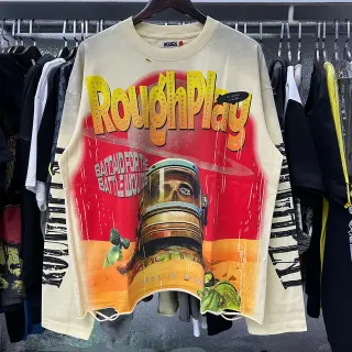 Rough RoughPlay Graphic Print Beige Oversized Distressed T-Shirt