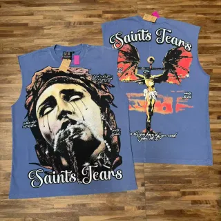 Saints Tears Graphic-Print Dusty Blue Sleeveless Vest Top