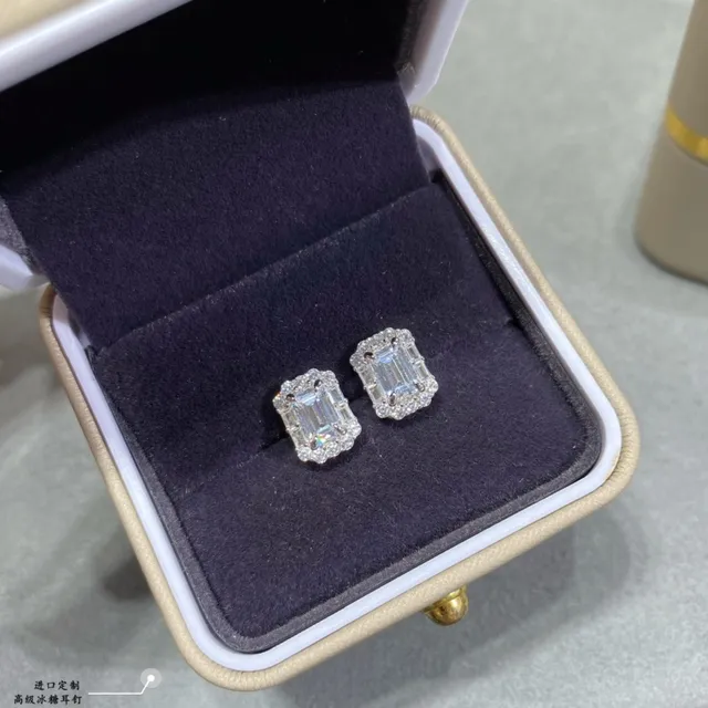 Silver Black Emerald-Cut Center Pavé Halo Earrings 3