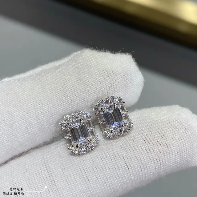 Silver Black Emerald-Cut Center Pavé Halo Earrings 8