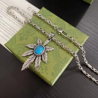 Silver Blue Leaf-Shaped Pendant Turquoise Cabochon Necklace