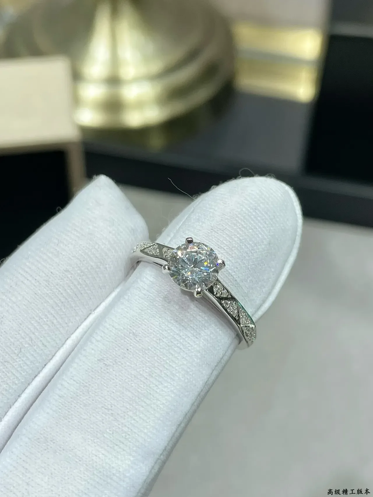 Silver Gold Solitaire Center Stone Pavé-Set Shoulders Ring 4