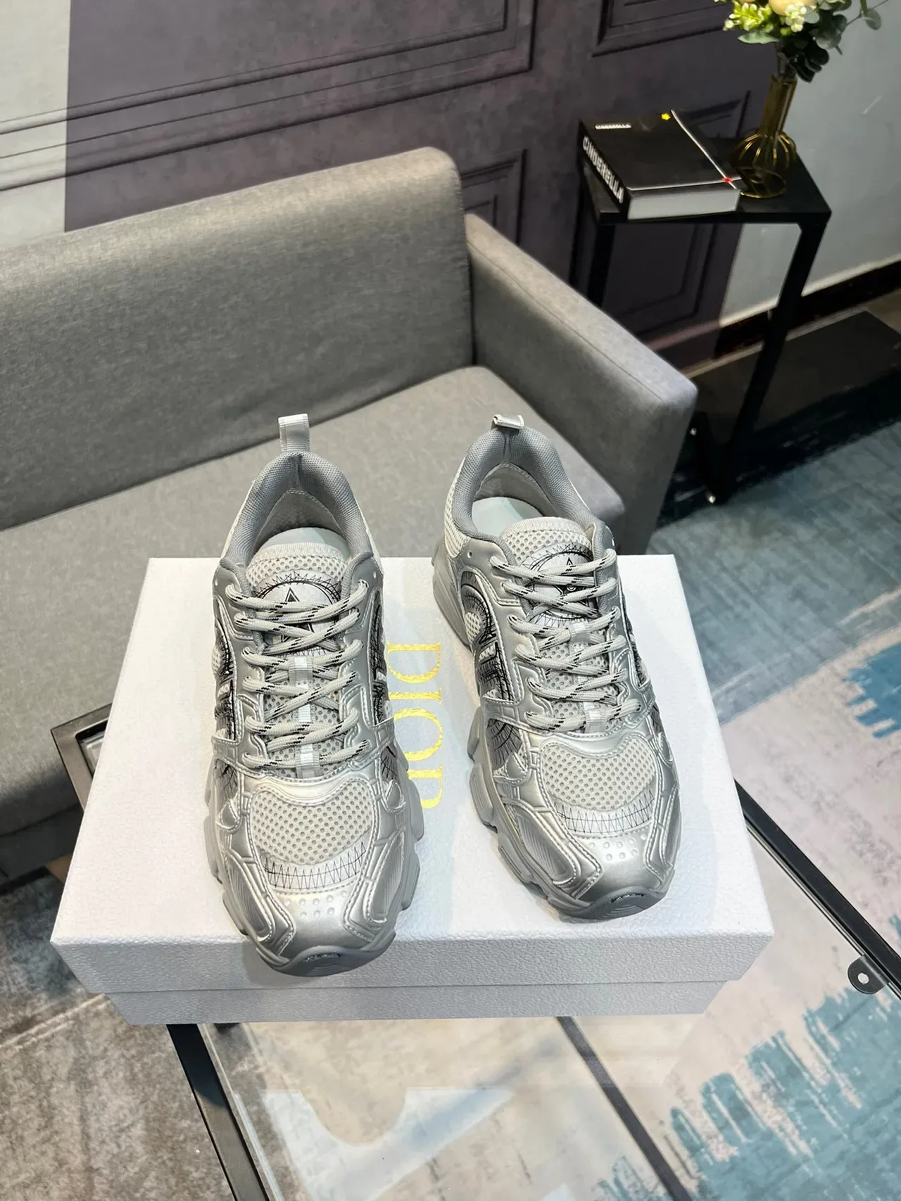 Silver Gray Sole Metallic Finish Chunky Sneakers 3