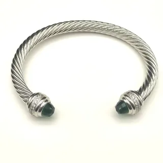 Silver Green Twisted Cable Faceted Stone Terminals Bracelet
