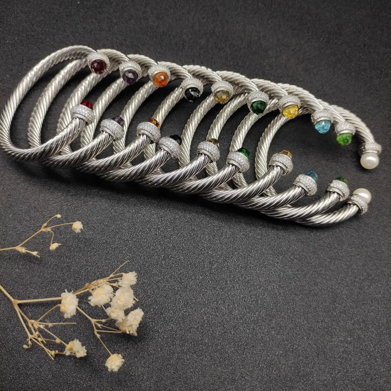 Silver Green Twisted Cable Faceted Stone Terminals Bracelet 5