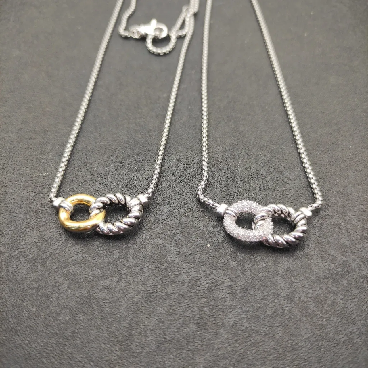 Silver Interlocking Double-Ring Pavé Pendant Necklace 4