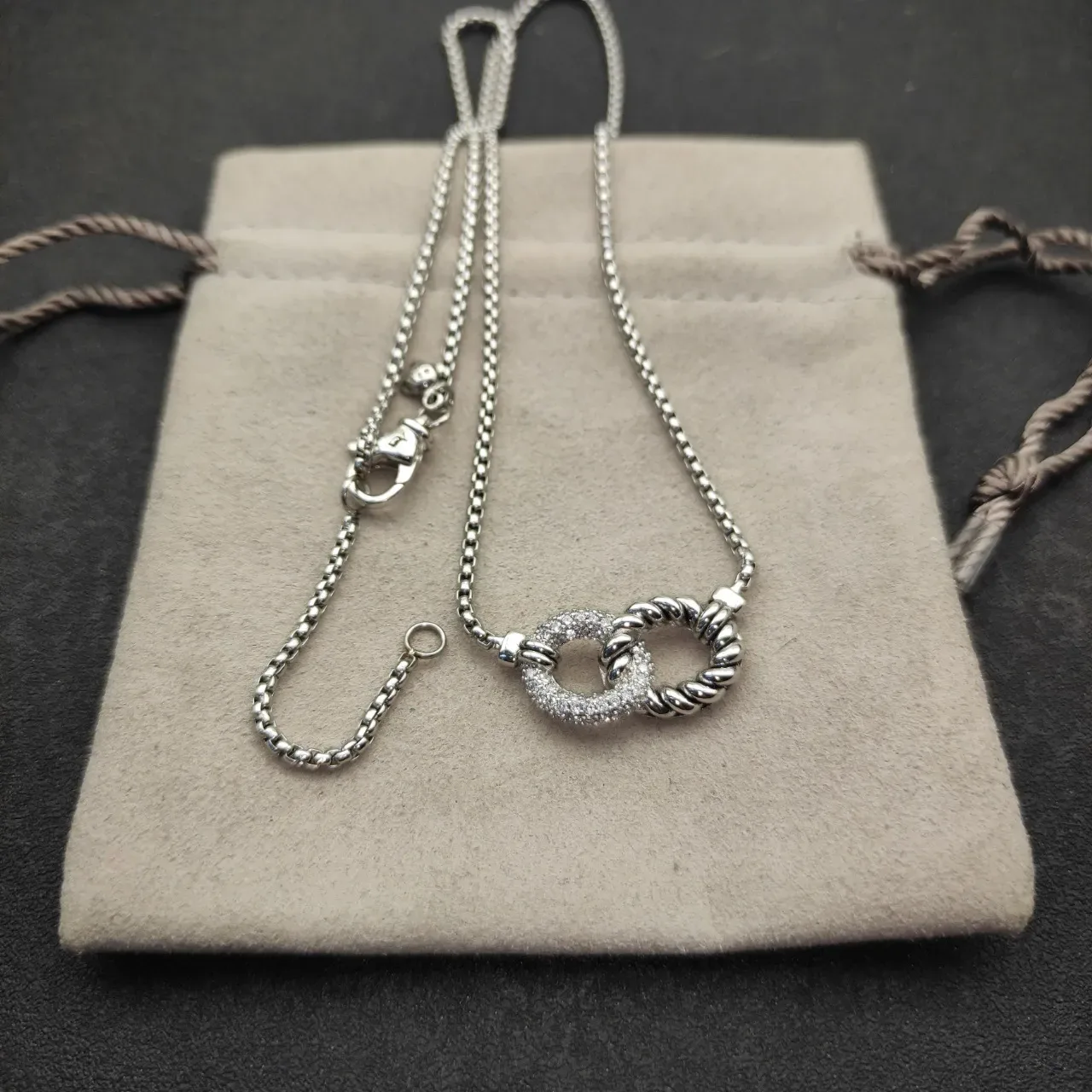 Silver Interlocking Double-Ring Pavé Pendant Necklace 6