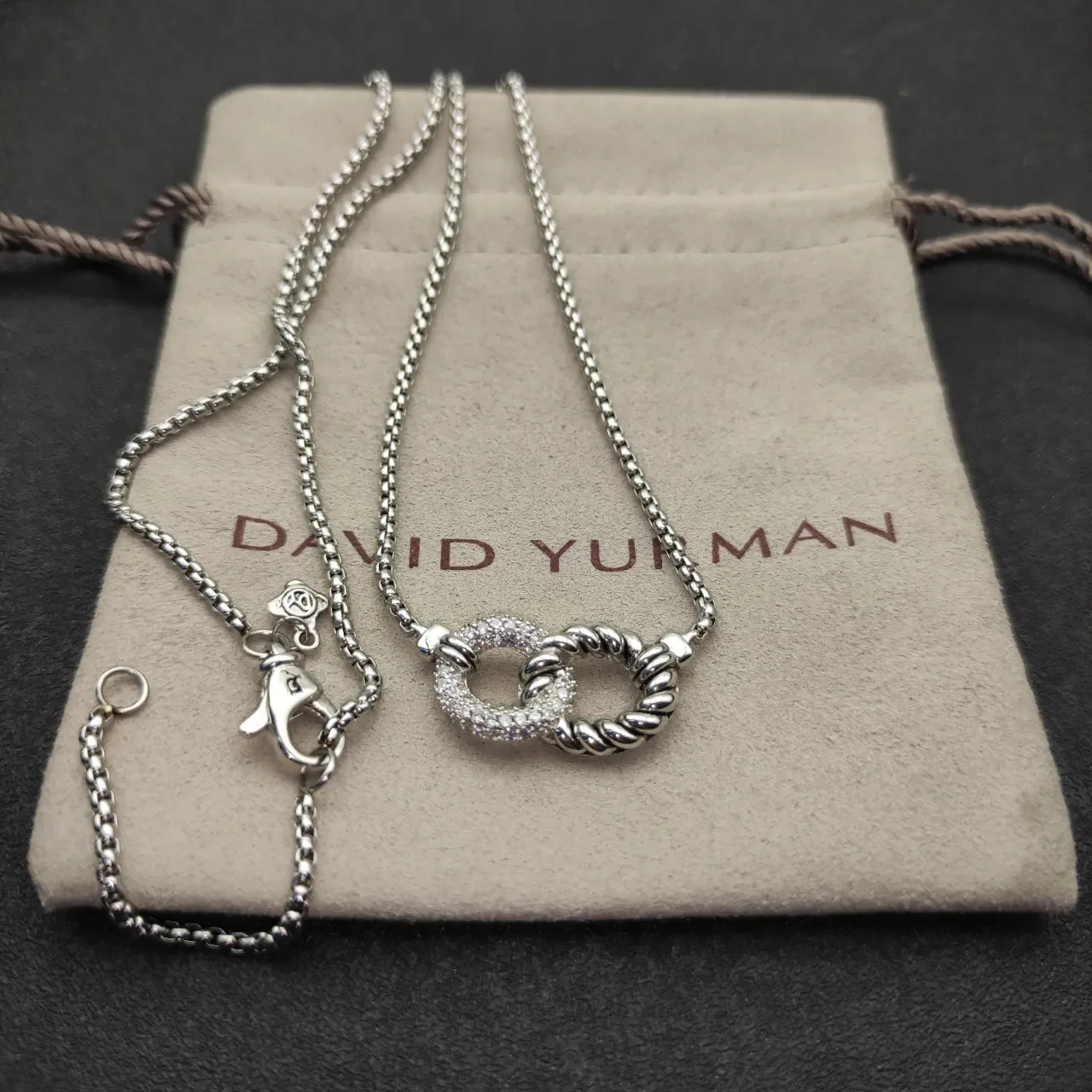 Silver Interlocking Double-Ring Pavé Pendant Necklace 7