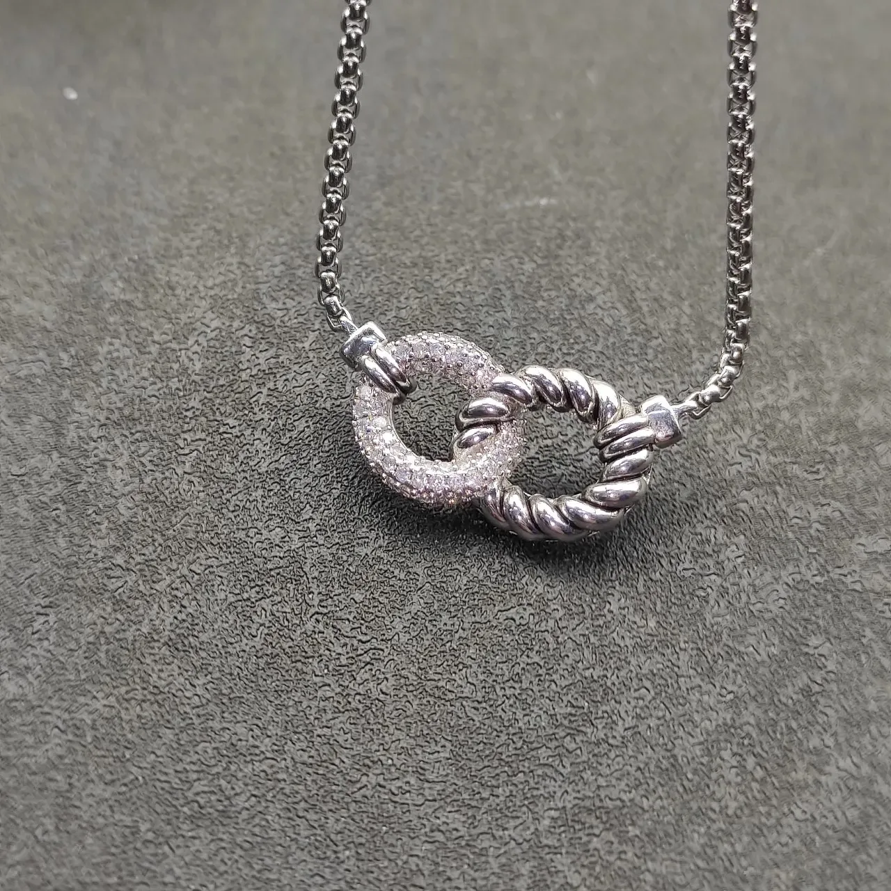 Silver Interlocking Double-Ring Pavé Pendant Necklace 8
