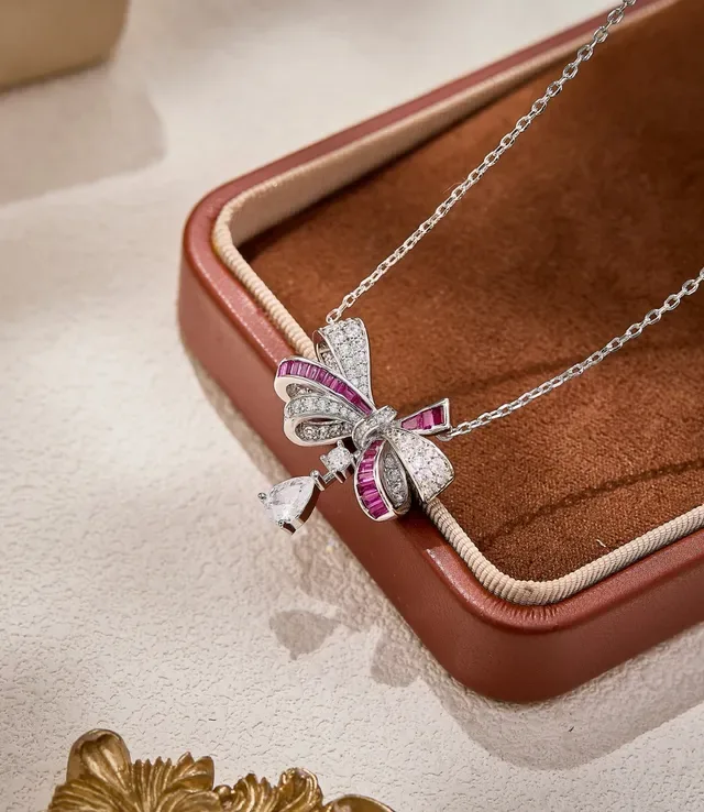 Silver Pink Bow-Shaped Pendant Baguette-Cut Ruby Accents Necklace 4