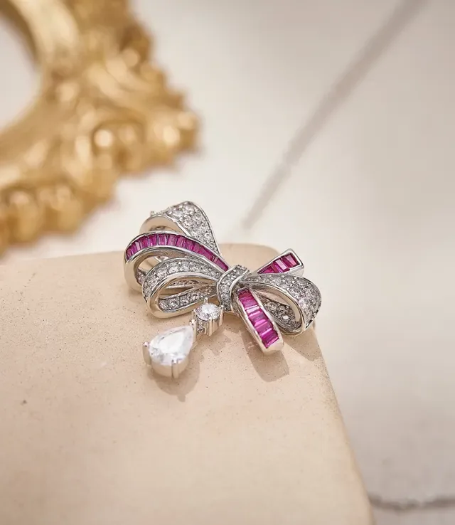 Silver Pink Bow-Shaped Pendant Baguette-Cut Ruby Accents Necklace 5