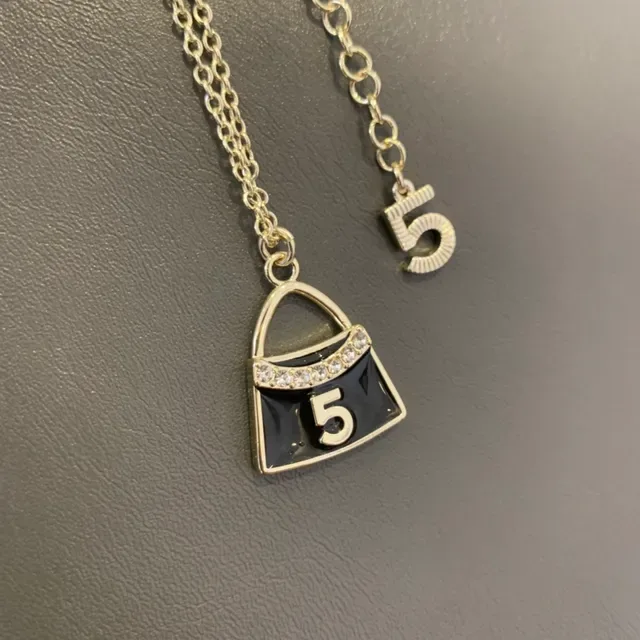 Silver-Tone Black Enamel Number 5 Handbag Pendant Necklace 5