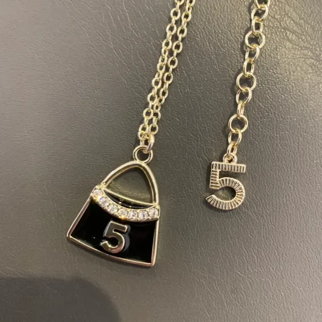 Silver-Tone Black Enamel Number 5 Handbag Pendant Necklace 6