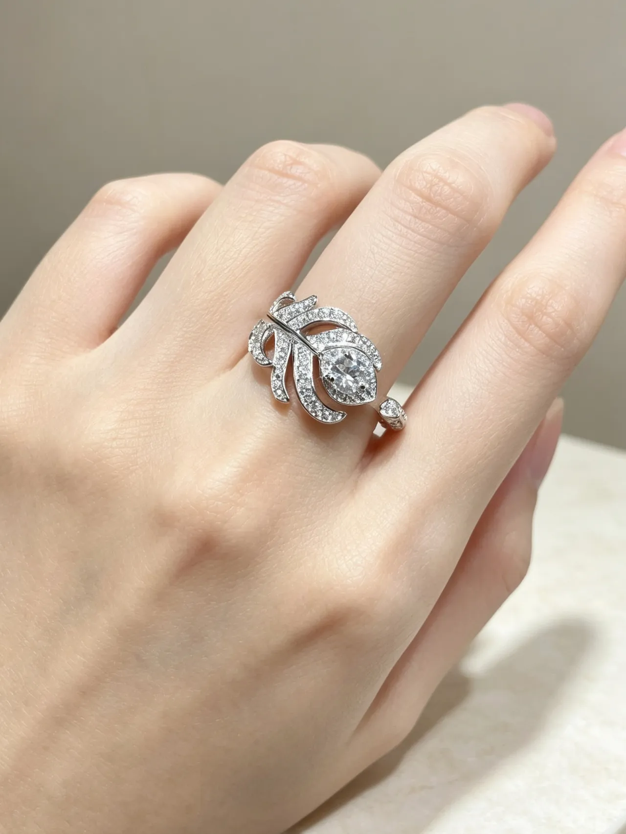 Silver-Tone Pavé Leaf Motif Open Band Ring 3