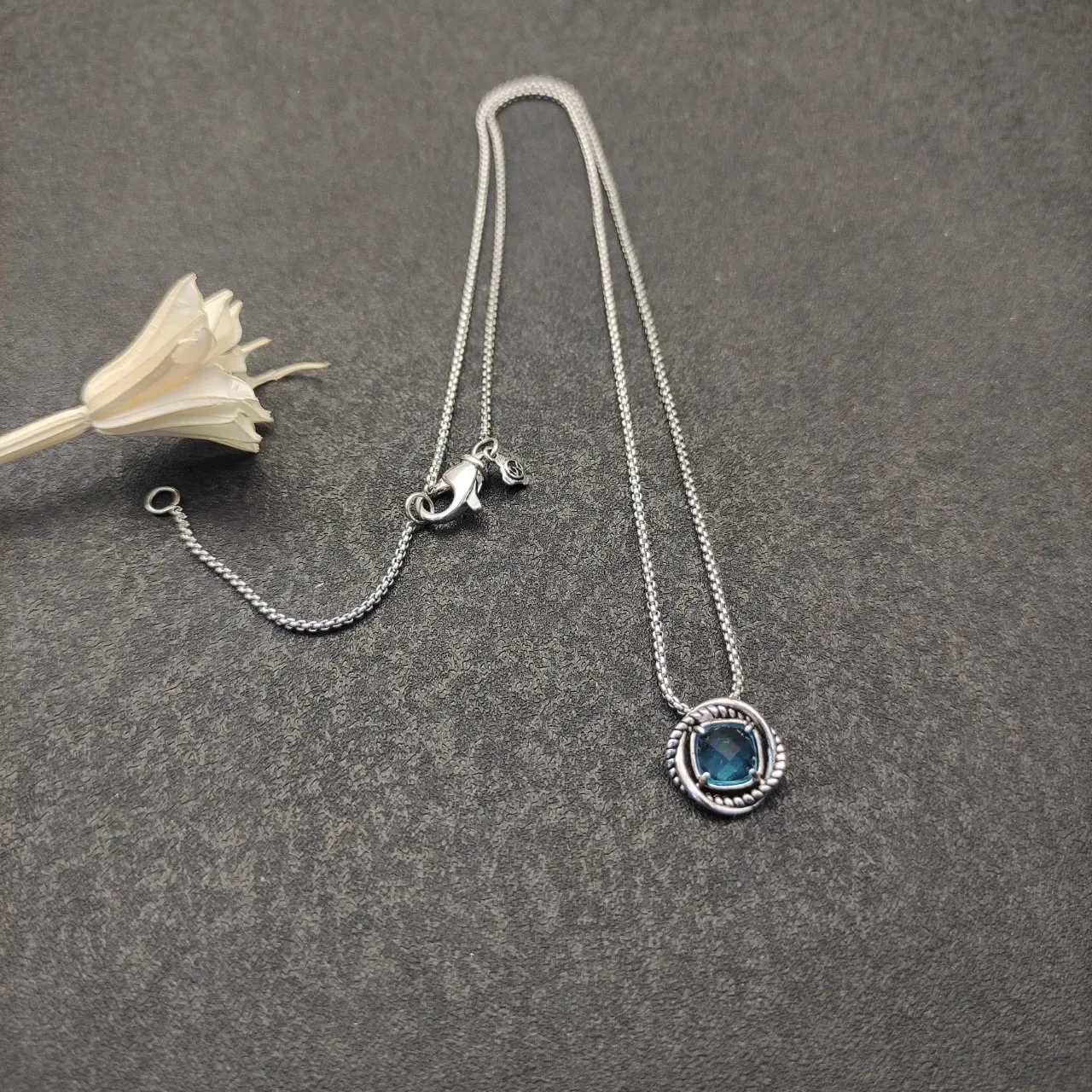 Silver-Toned Rope Bezel Blue Faceted Gemstone Pendant Necklace 8
