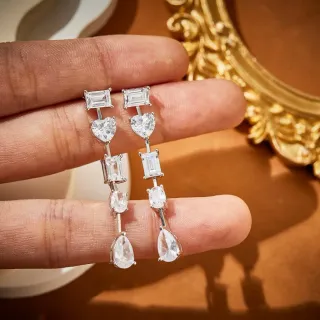 Silver Transparent Multi-Stone Linear Drop Assorted Cuts Earrings