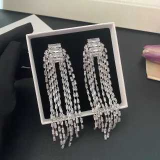 Silver Transparent Multi-Strand Tassel Baguette-Cut Crystals Jewelry