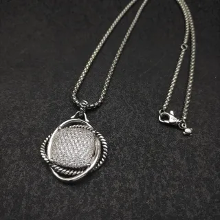 Collier Argent Transparente Pavé-Set Face Carrée Borde Corde Tressée