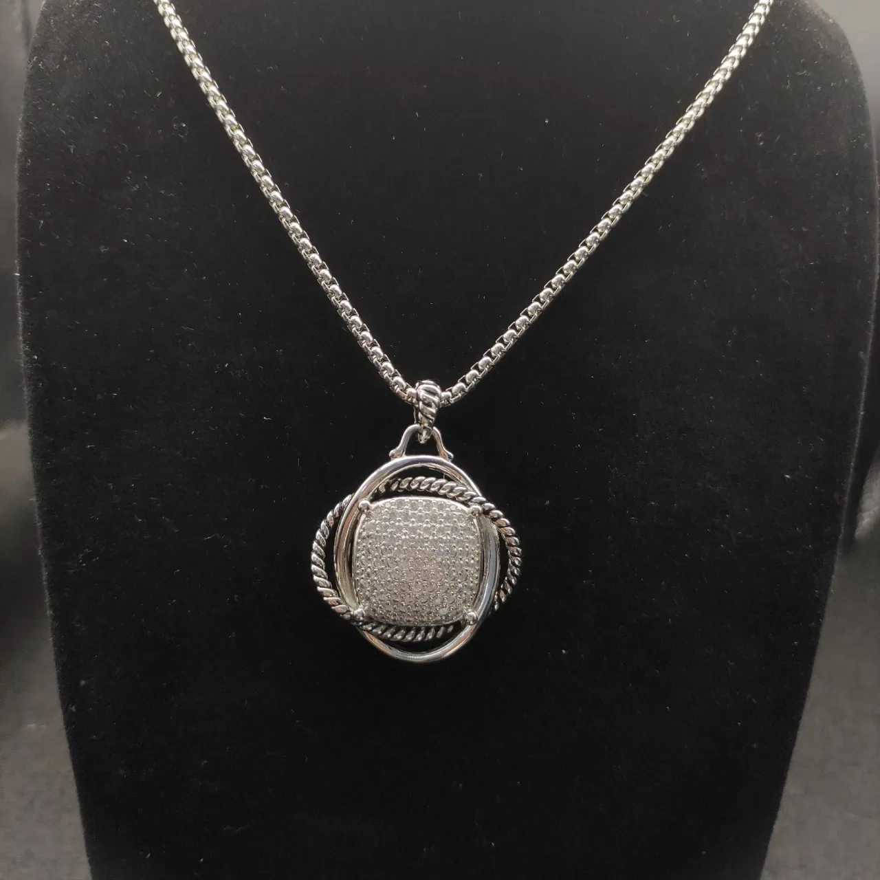 Silver Transparent Pavé-Set Square Face Rope-Twist Bezel Necklace 6
