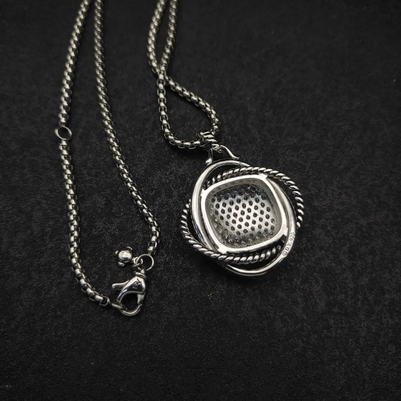 Silver Transparent Pavé-Set Square Face Rope-Twist Bezel Necklace 8