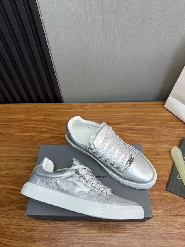 Silver White Metallic Leather Upper Rubber Cupsole Sneakers 6