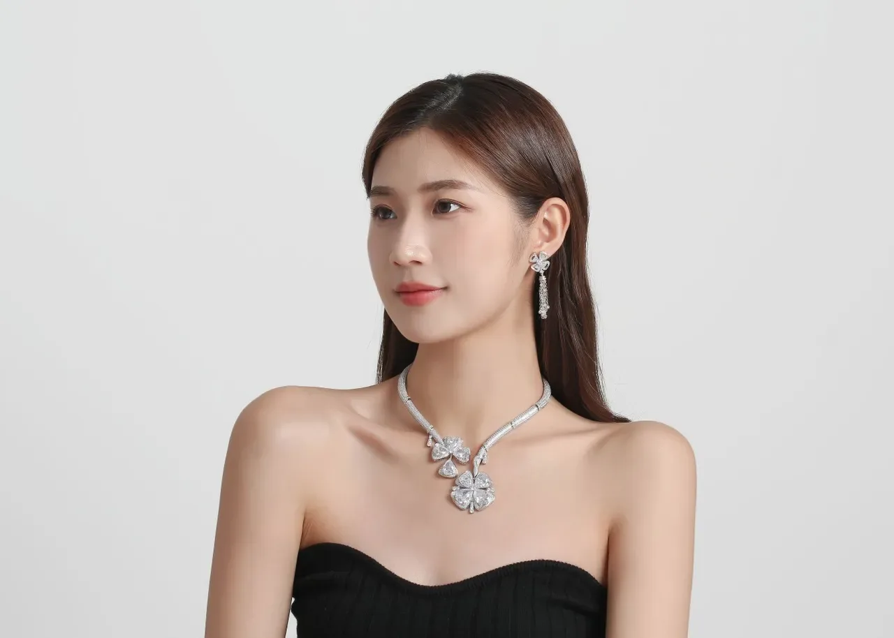 Silver White Pavé-Set Floral Pendant Necklace 2