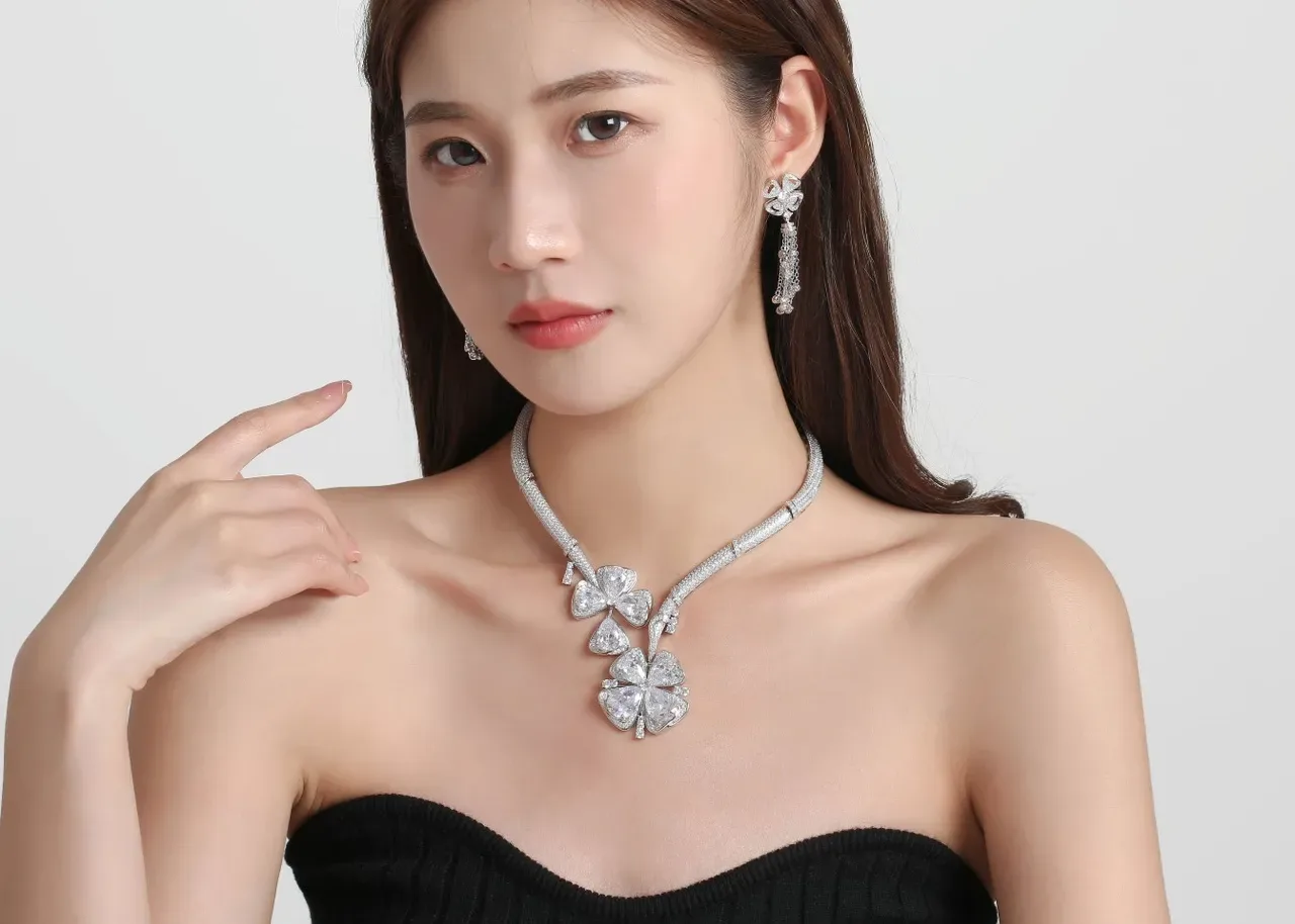 Silver White Pavé-Set Floral Pendant Necklace 5