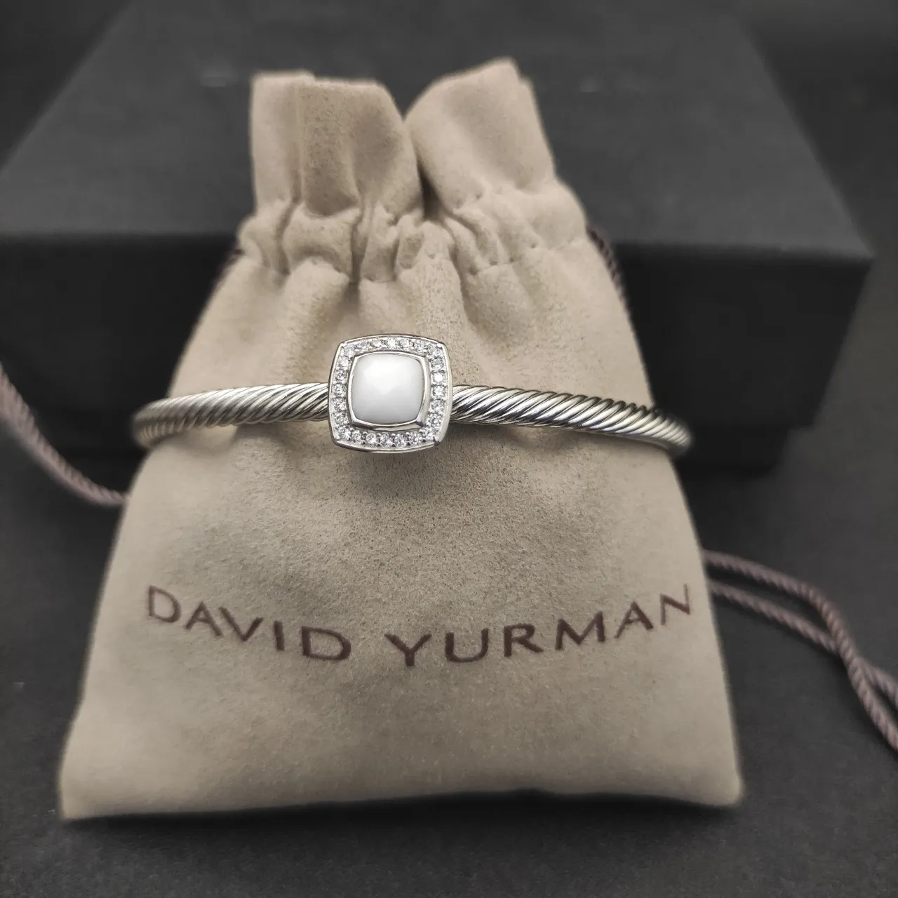 Silver White Twisted Cable Band Square Bezel Bracelet 4