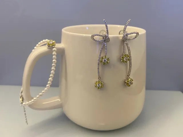 Silver Yellow Bow-Top Dangle Floral Gem Clusters Earrings 4