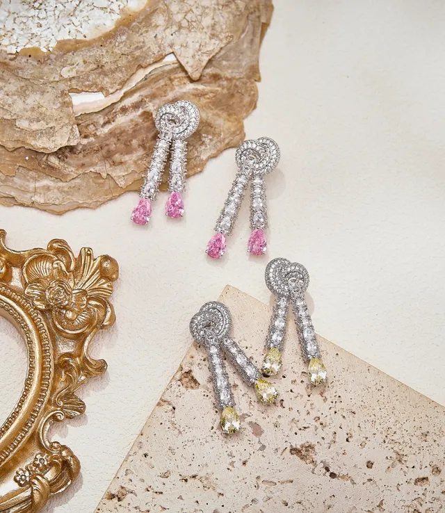 Silver Yellow Ornate Scroll-Top Pavé-Set Earrings 3