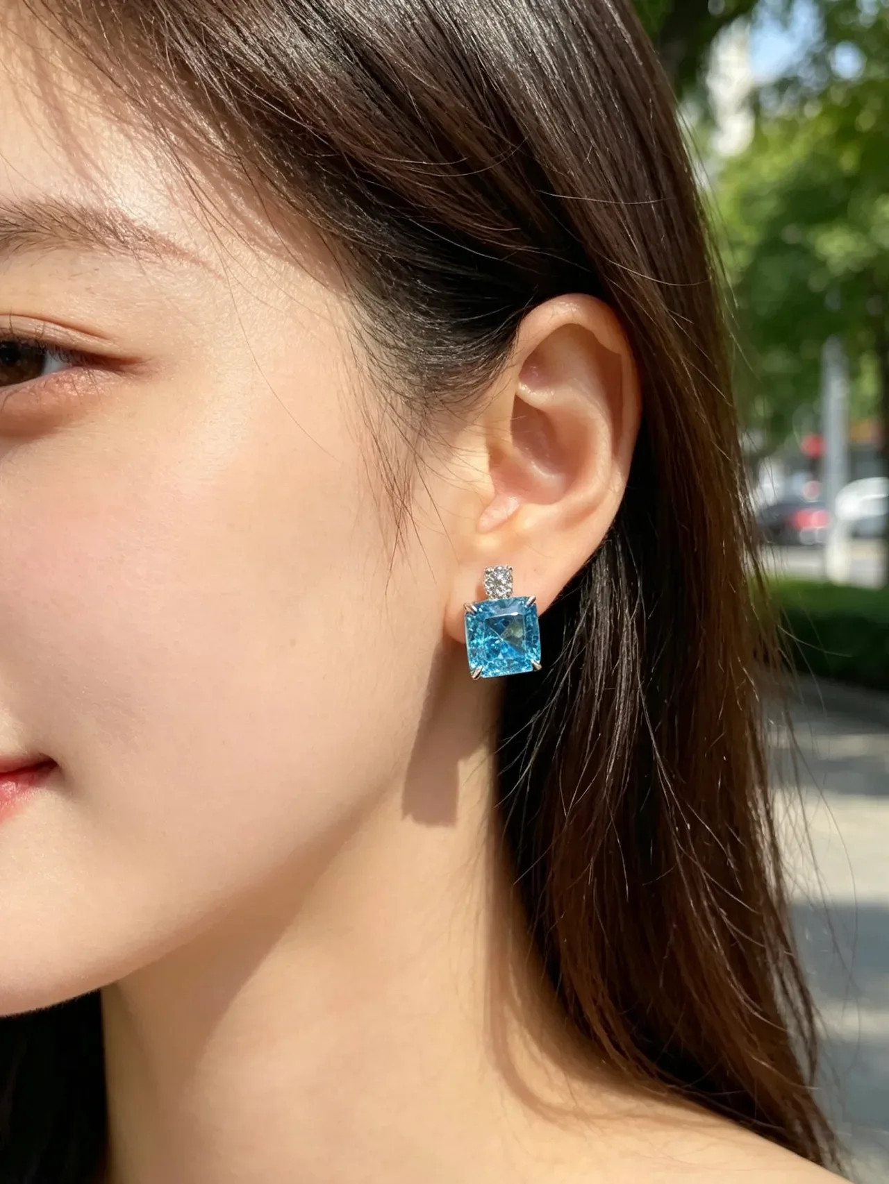 Square-Cut Blue and Clear Stone Double-Stud Earrings 2