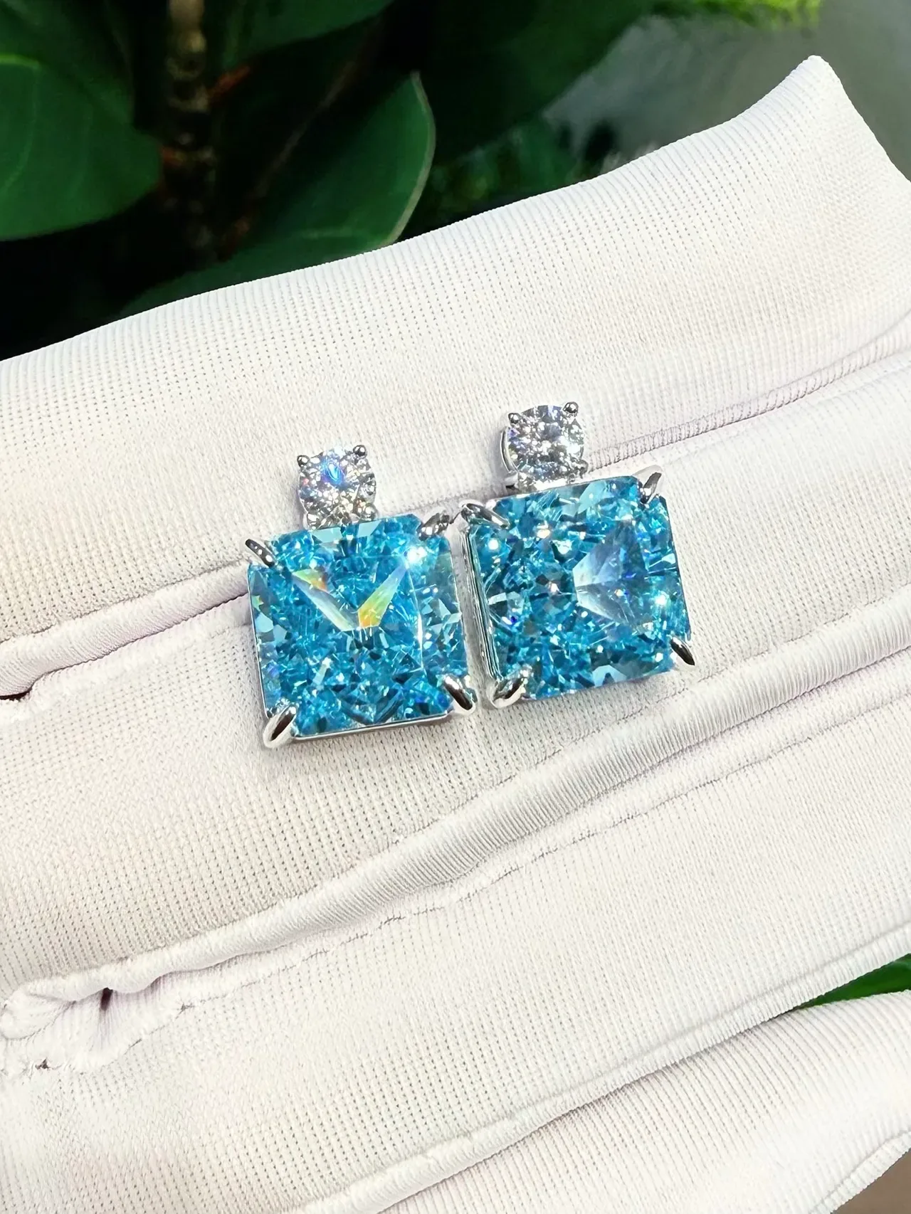 Square-Cut Blue and Clear Stone Double-Stud Earrings 8