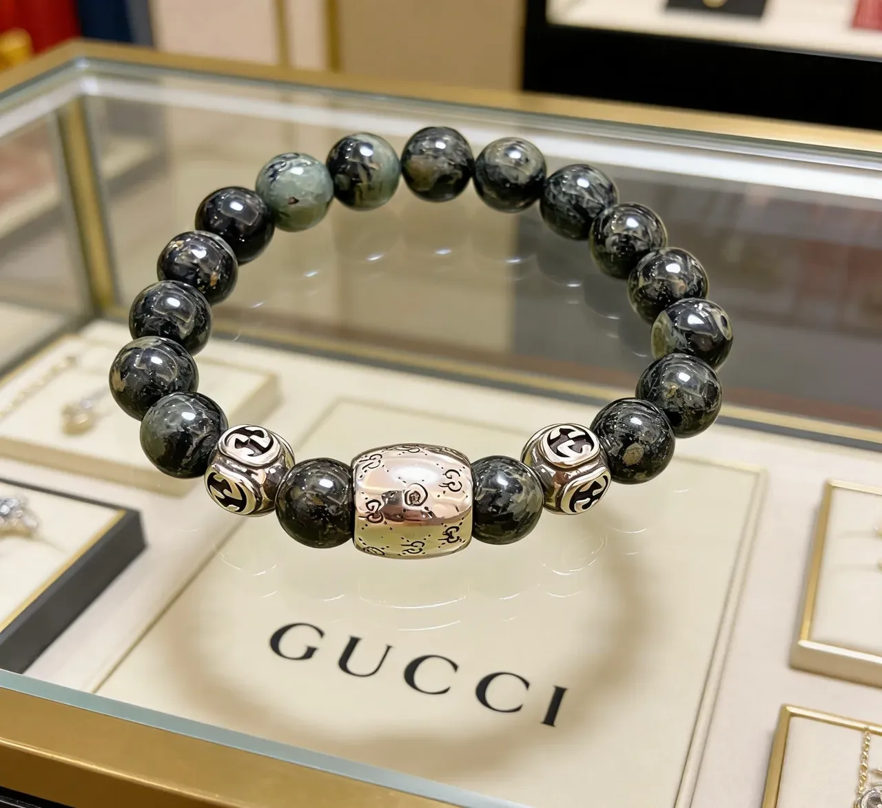 Stone and Silver-Tone Engraved Charm Beaded Bracelet 4