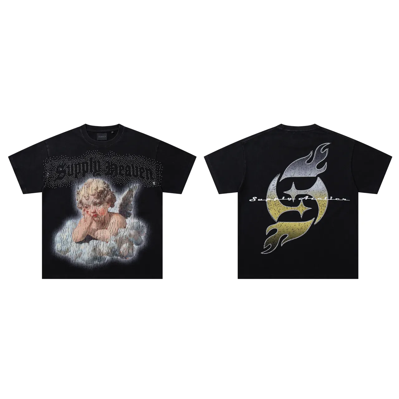 Supply Rhinestone-Embellished Cherub and Flame Graphic T-Shirt 2
