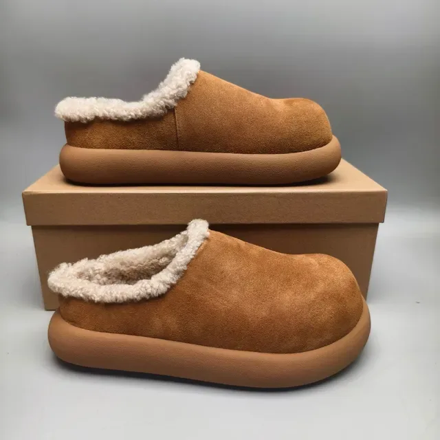 Sapato casual de camurça com forro de shearling, plataforma chunky, slip-on, cor tan 5