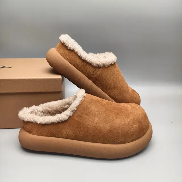 Sapato casual de camurça com forro de shearling, plataforma chunky, slip-on, cor tan 6