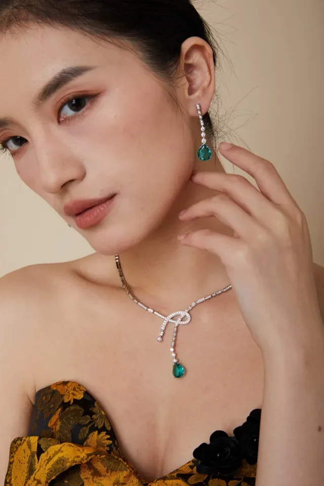 Teal Pear-Shaped Gemstone and Diamond Drop Earrings 5