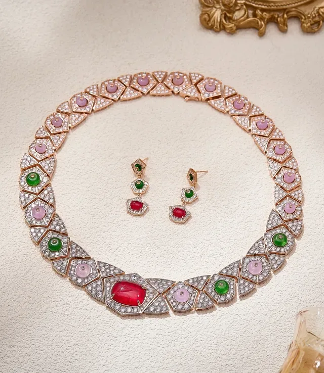 Three-Tier Geometric Pavé Cabochon Earrings 2