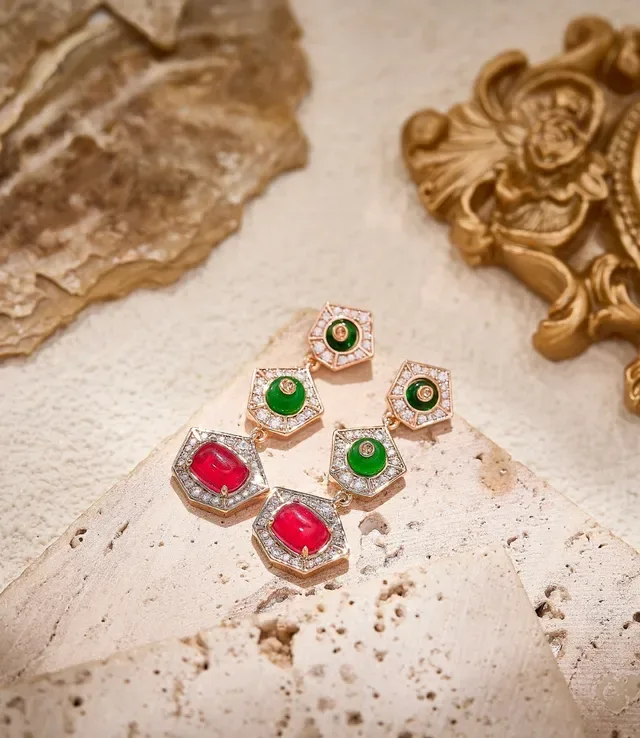 Three-Tier Geometric Pavé Cabochon Earrings 6