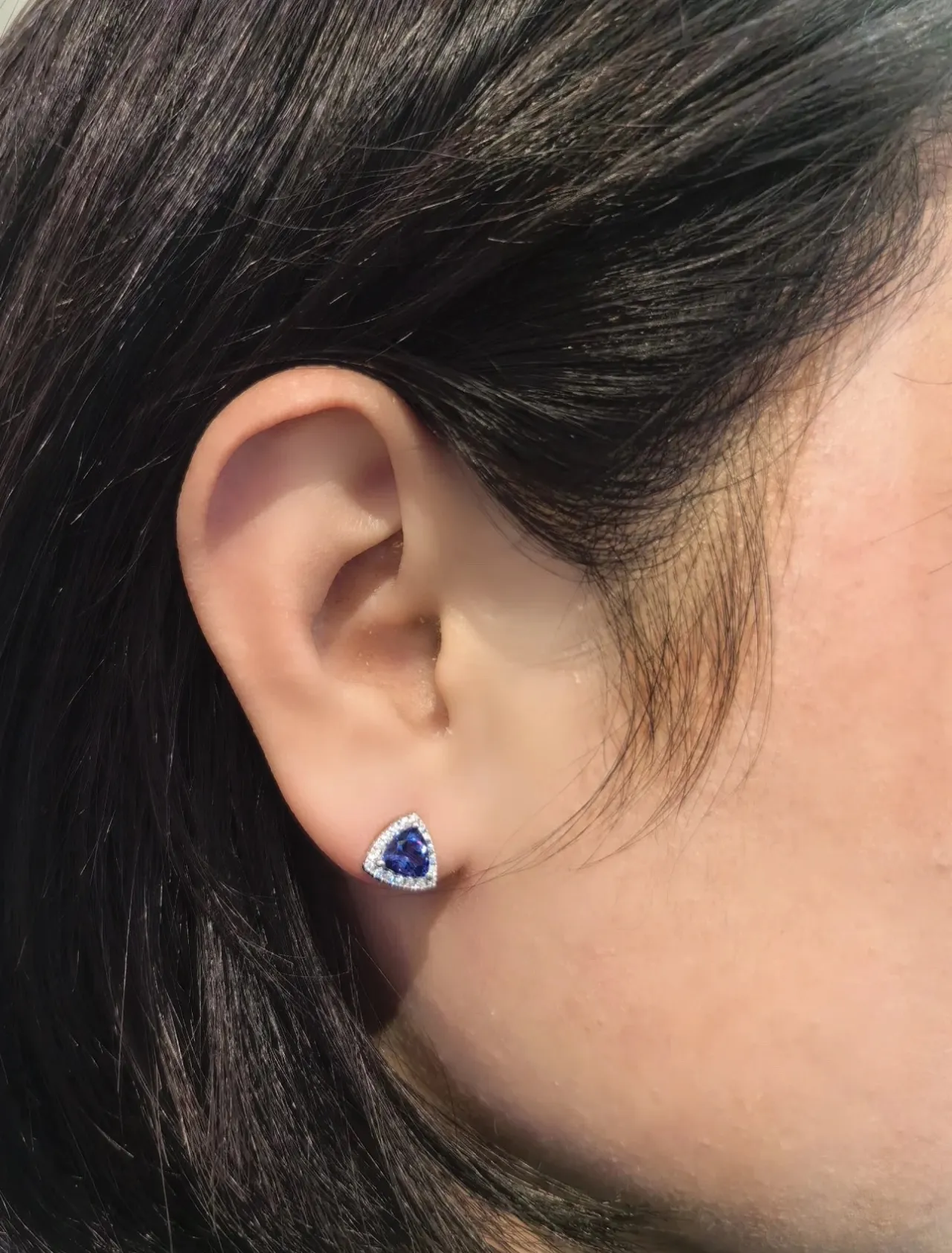 Triangular Blue Gemstone Pavé Halo Stud Earrings 4