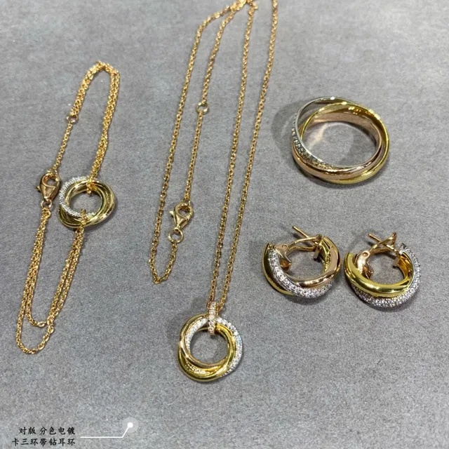 Aros triples Pavé Gold Silver Interlocking Hoops Stones Earrings 4