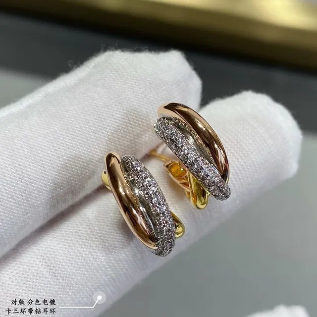 Aros triples Pavé Gold Silver Interlocking Hoops Stones Earrings 5