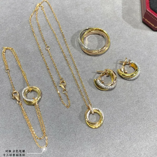 Aros triples Pavé Gold Silver Interlocking Hoops Stones Earrings 7