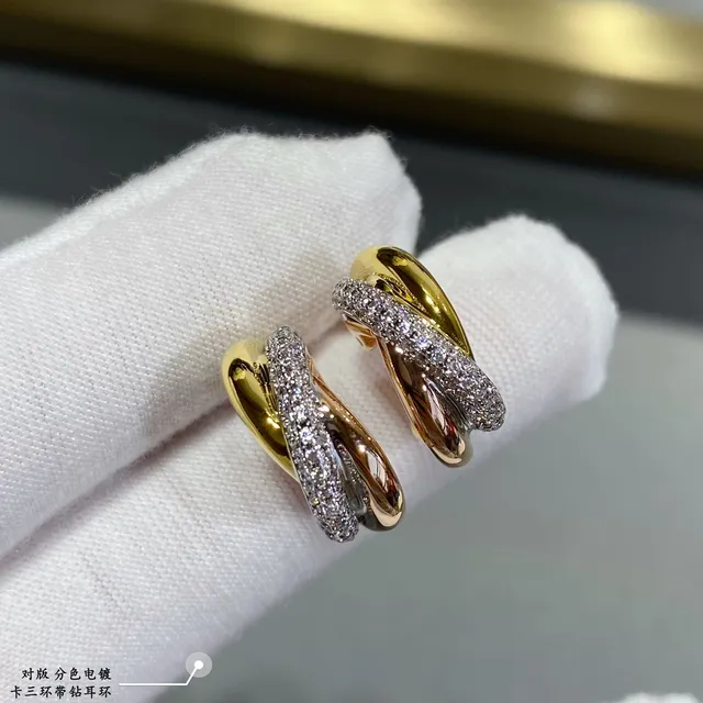 Aros triples Pavé Gold Silver Interlocking Hoops Stones Earrings 8