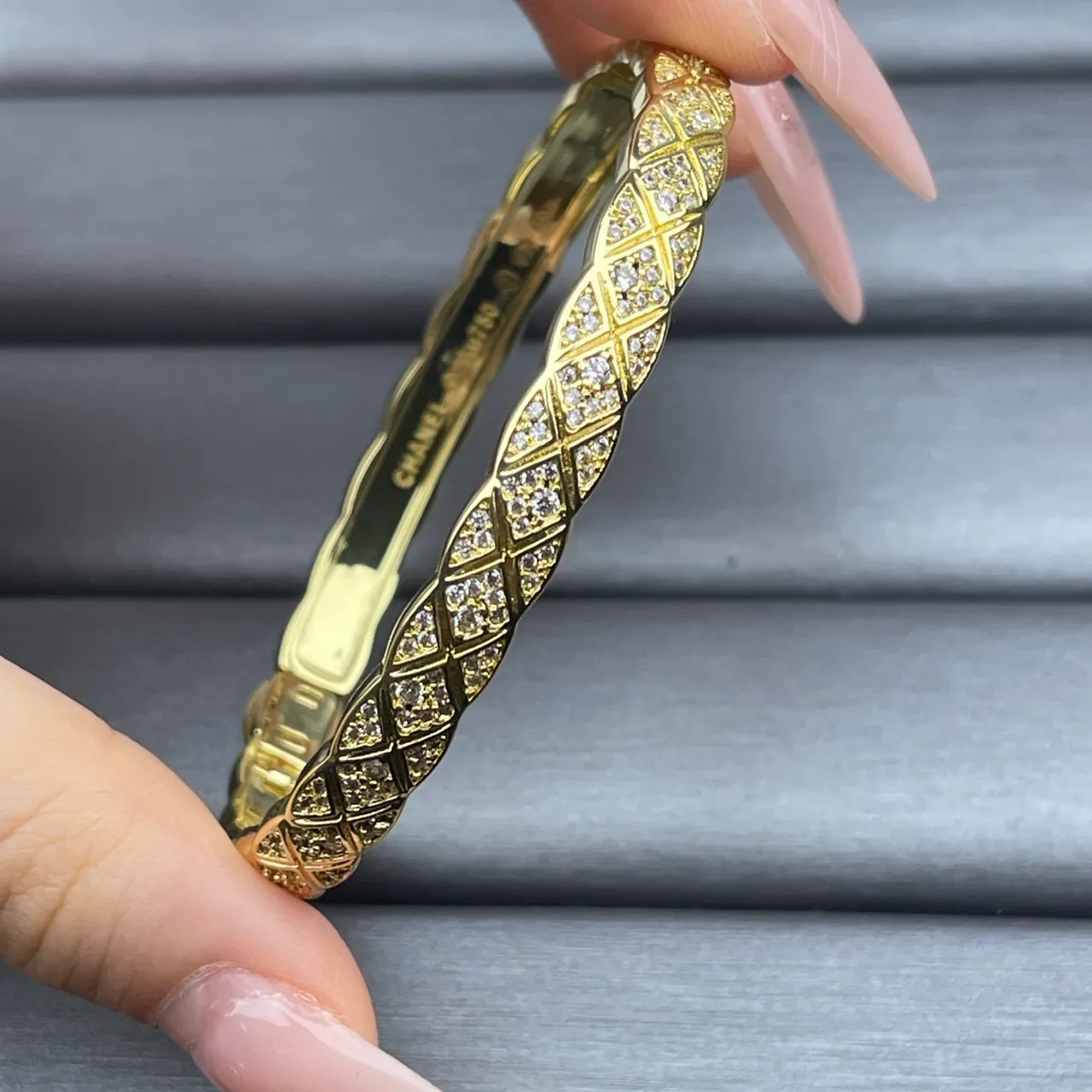 Triple-Tone Gold Pavé Crystal Diamond-Grid Hinged Bangle Bracelets 2