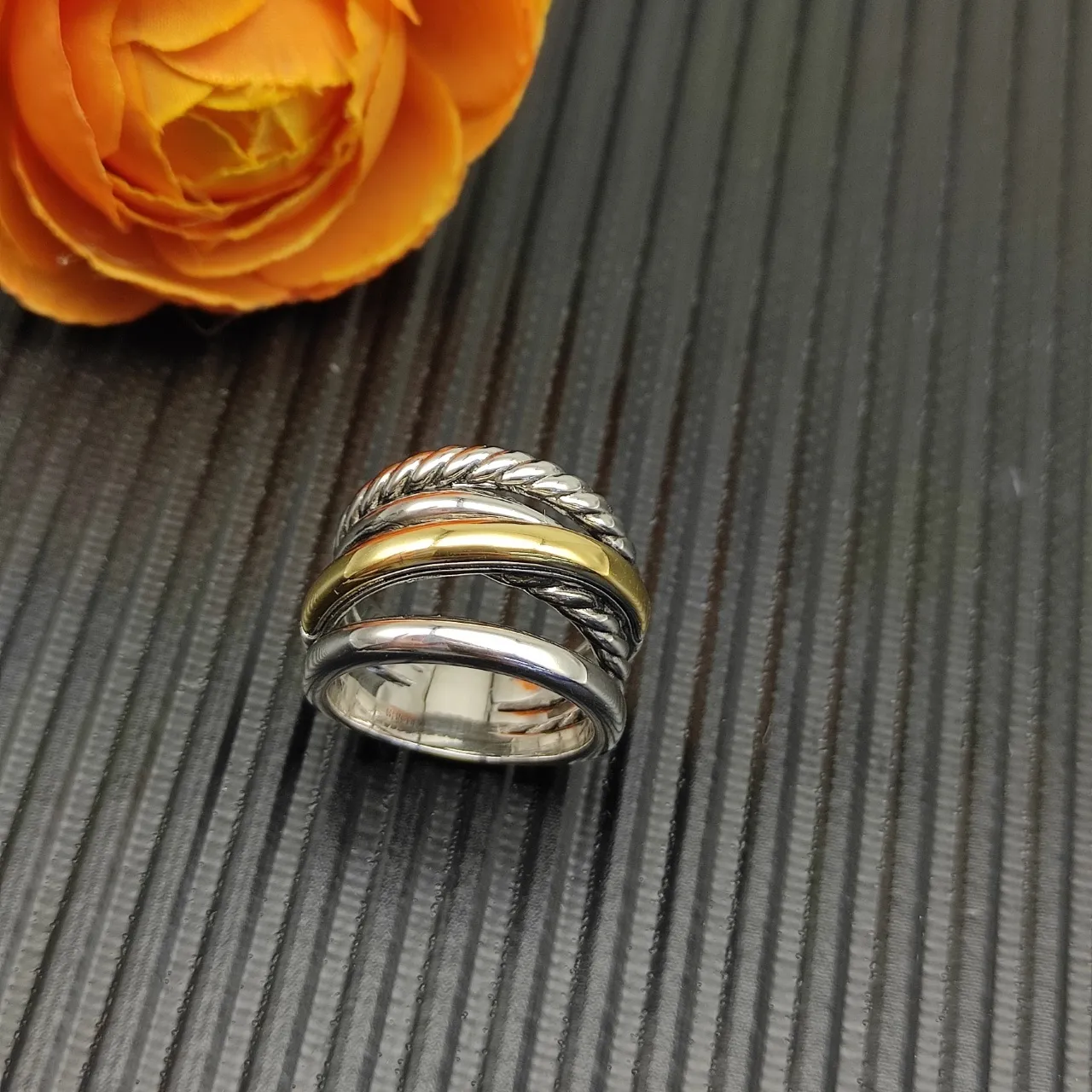 Two-Tone Stacked Rope and Smooth Band Ring 4