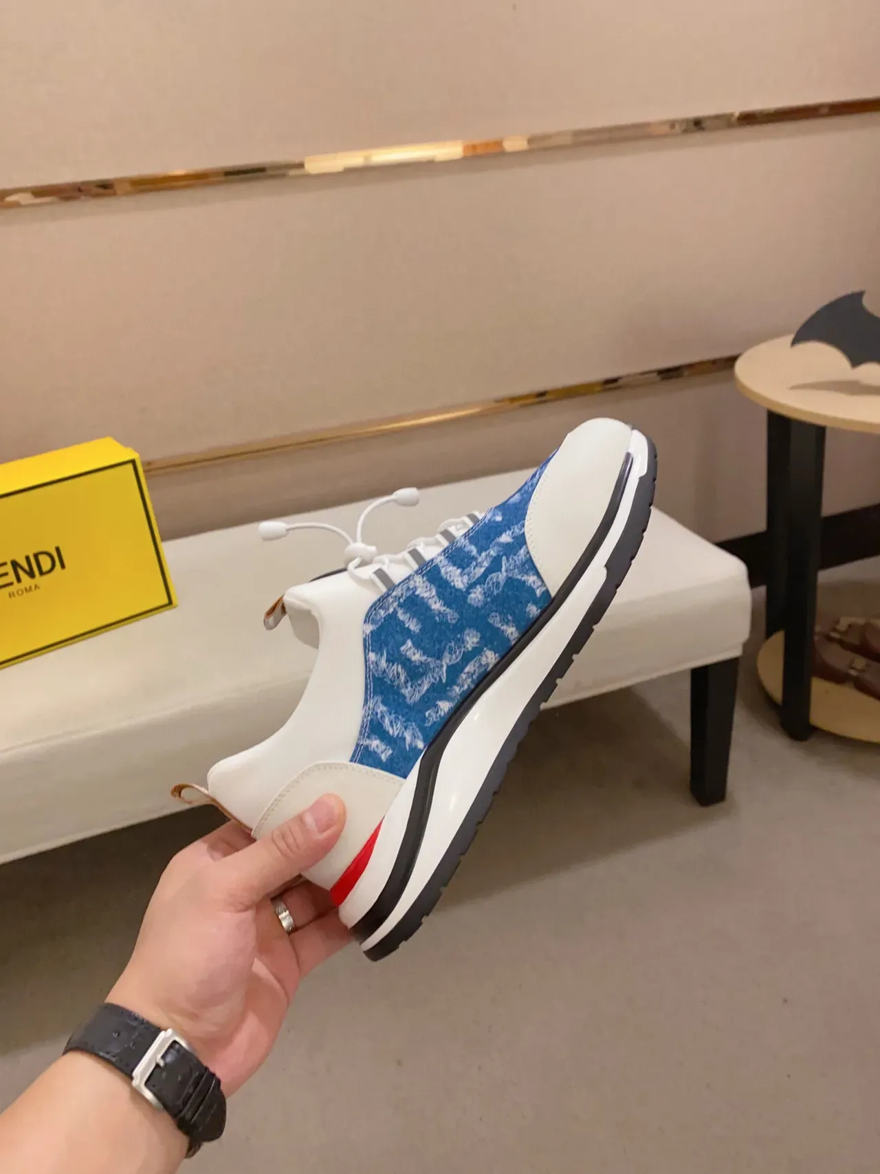 White and Blue Denim-Print Lace-Up Sneaker 6