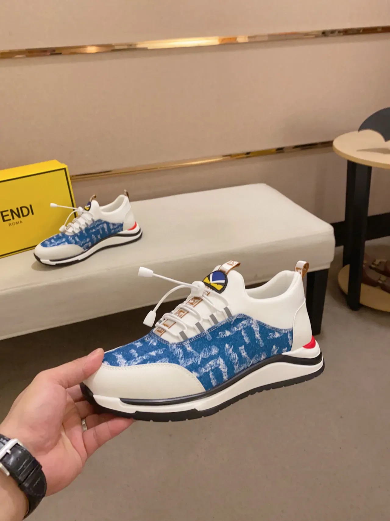 White and Blue Denim-Print Lace-Up Sneaker 8
